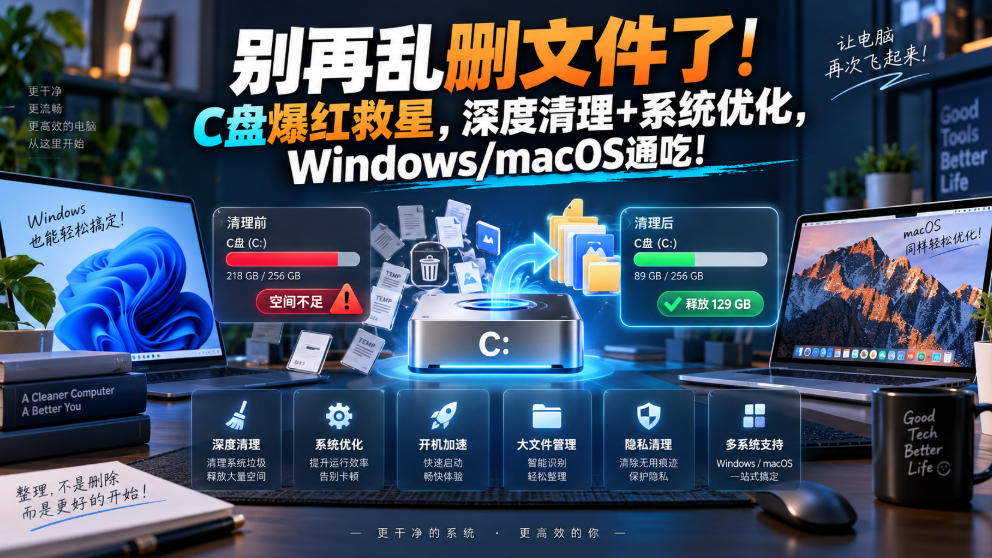 别再乱删文件了！C盘爆红救星，深度清理+系统优化，Windows/macOS通吃！-九九网创