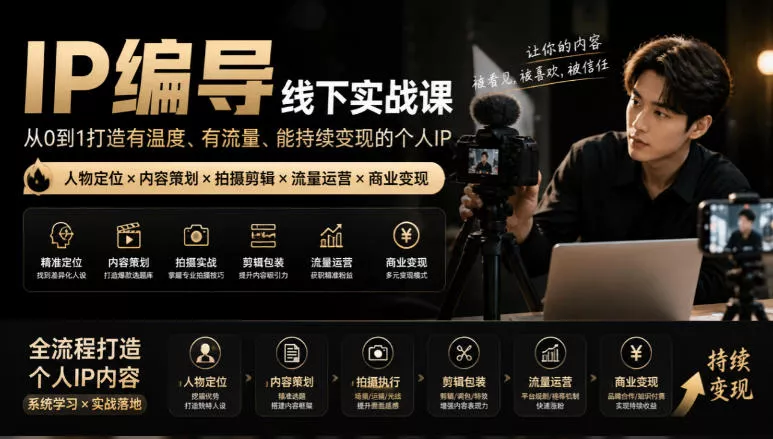 【无水印】IP编导线下实战课，从人物定位到短视频拍摄剪辑，全流程打造有温度、有流量、能持续变现的个人IP内容-九九网创