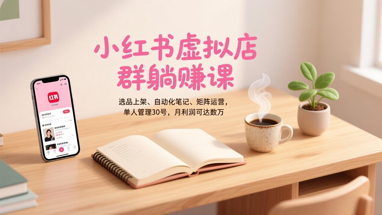 小红书虚拟店群躺赚课，选品上架、自动化笔记、矩阵运营，单人管理30号，月利润可达数万-九九网创