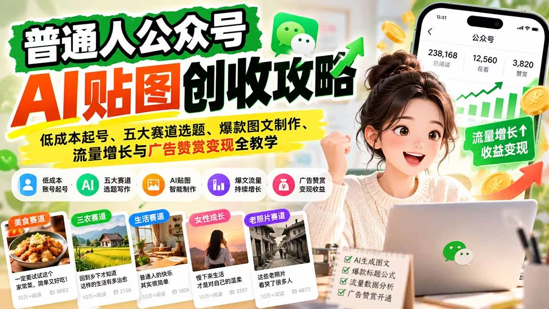 普通人公众号AI贴图创收攻略：低成本起号、五大赛道选题、爆款图文制作、流量增长与广告赞赏变现全教学-九九网创