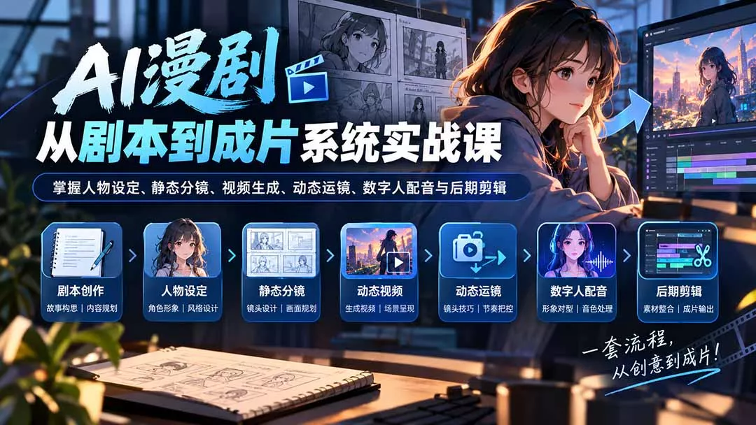 AI漫剧从剧本到成片系统实战课：掌握人物设定、静态分镜、视频生成、动态运镜、数字人配音与后期剪辑-九九网创