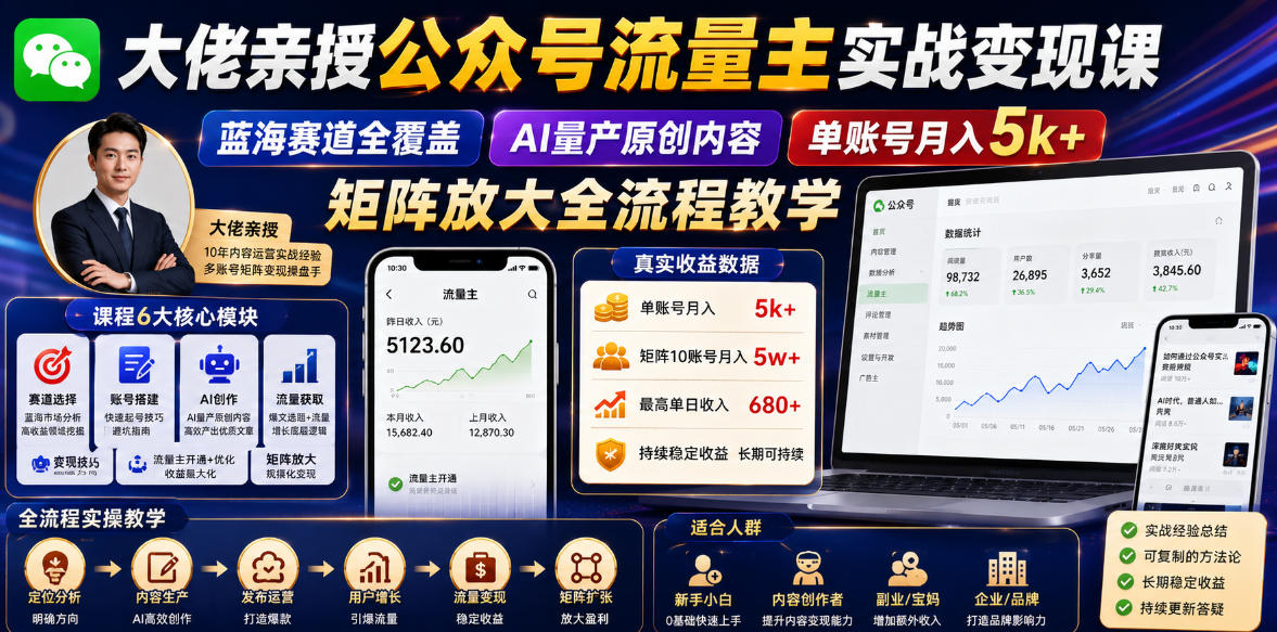 大佬亲授公众号流量主实战变现课，蓝海赛道全覆盖，AI量产原创内容，单账号月入5k+矩阵放大全流程教学-九九网创
