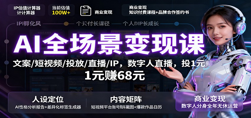AI全场景变现课:文案/短视频/投放/直播/IP,数字人直播,投1元赚68元-九九网创