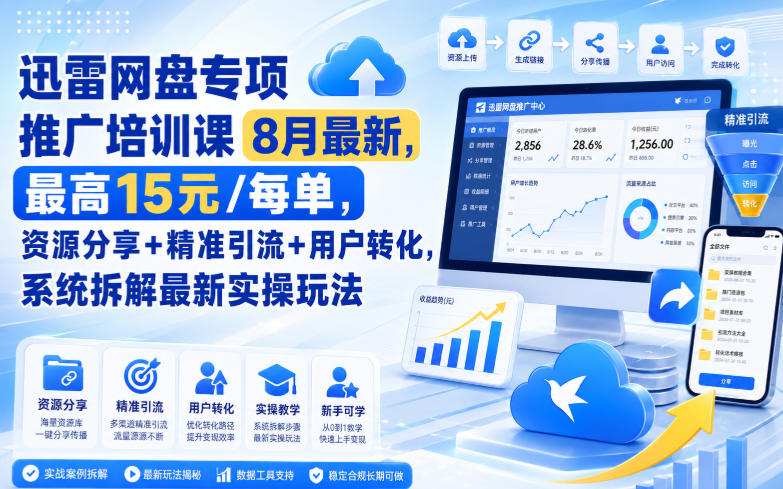 迅雷网盘专项推广培训课8月最新,最高15米/每单,资源分享+精准引流+用户转化,系统拆解最新实操玩法(更新0819)-九九网创