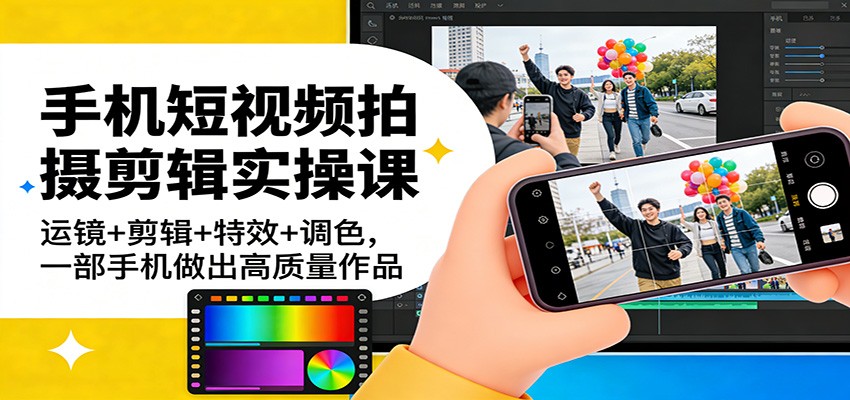 手机短视频拍摄剪辑实操课：运镜+剪辑+特效+调色，一部手机做出高质量作品-九九网创