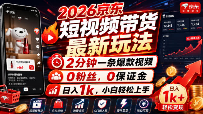2026京东短视频带货最新玩法，2分钟一条爆款视频，0粉丝，0保证金，日入1k，小白轻松上手【揭秘】-九九网创