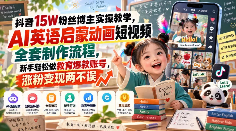 抖音15W粉丝博主实操教学，AI英语启蒙动画短视频全套制作流程，新手轻松做教育爆款账号，涨粉变现两不误-九九网创