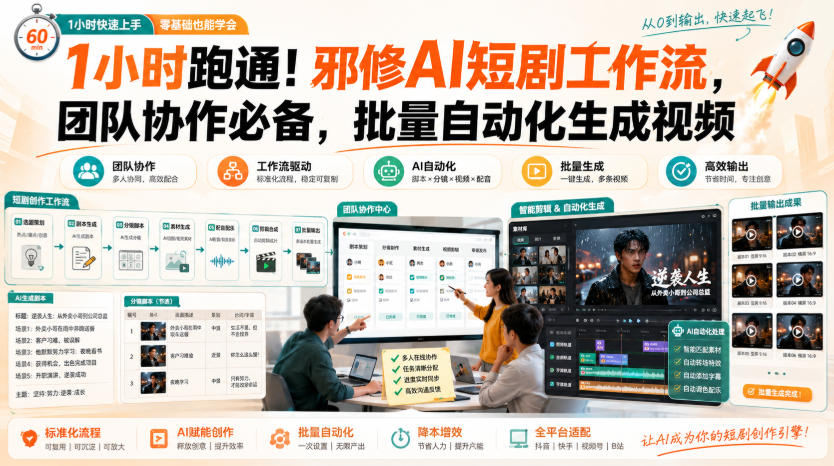 1小时跑通！邪修AI短剧工作流，团队协作必备，批量自动化生成视频-九九网创