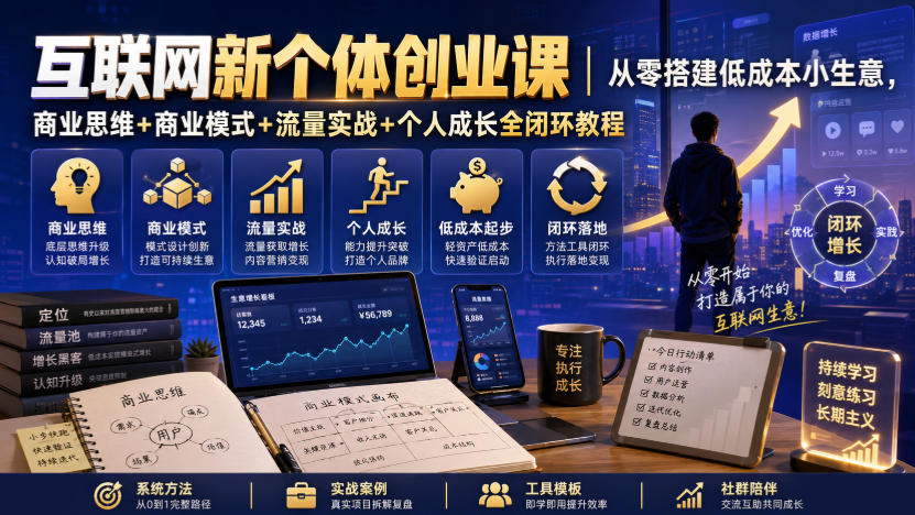 互联网新个体创业课｜从零搭建低成本小生意，商业思维+商业模式+流量实战+个人成长全闭环教程-九九网创