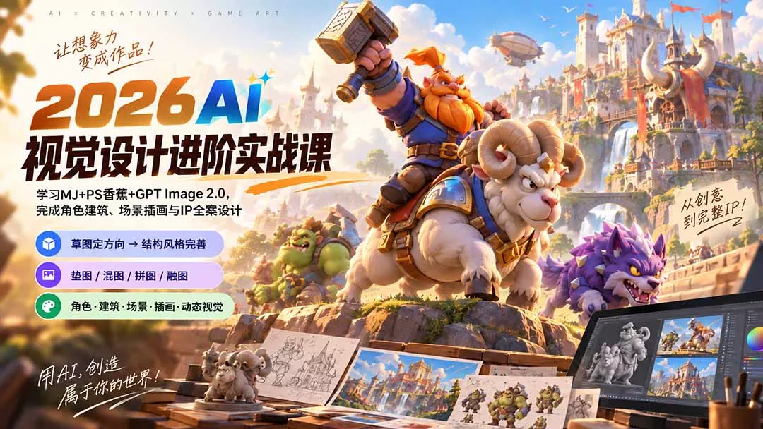2026AI视觉设计进阶实战课-更新：学习MJ+PS香蕉+GPT Image 2.0，完成角色建筑、场景插画与IP全案设计-九九网创