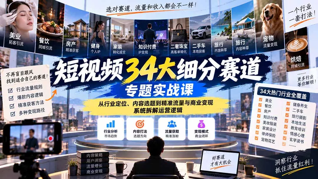 短视频34大细分赛道专题实战课：从行业定位、内容选题到精准流量与商业变现，系统拆解运营逻辑-九九网创