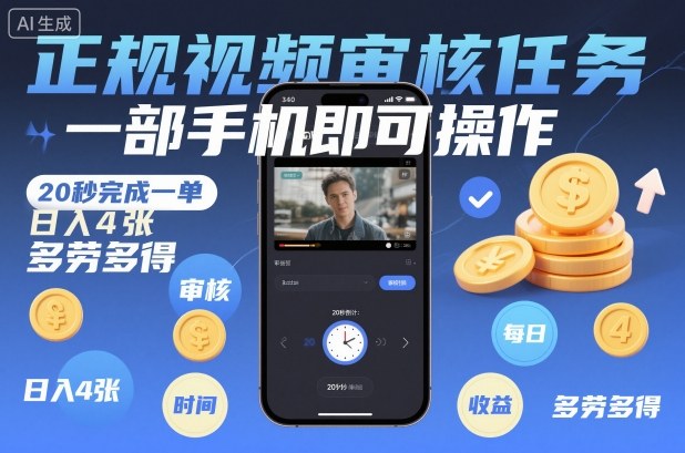 正规视频审核任务，一部手机即可操作，20秒完成一单，日入4张，多劳多得【揭秘】-九九网创