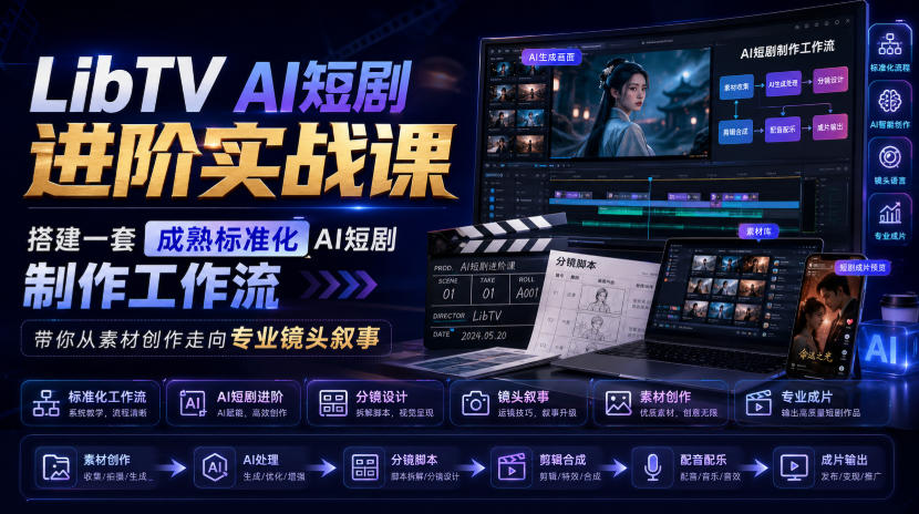 LibTV AI短剧进阶实战课,搭建一套成熟标准化AI短剧制作工作流,带你从素材创作走向专业镜头叙事-九九网创