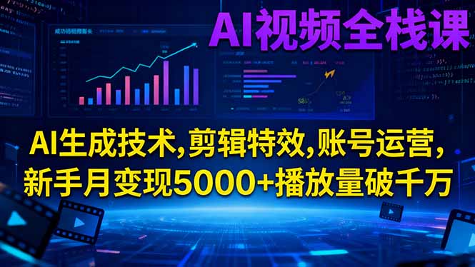 AI视频全栈课:AI生成技术,剪辑特效,账号运营,新手月变现5000+播放量破千万-九九网创