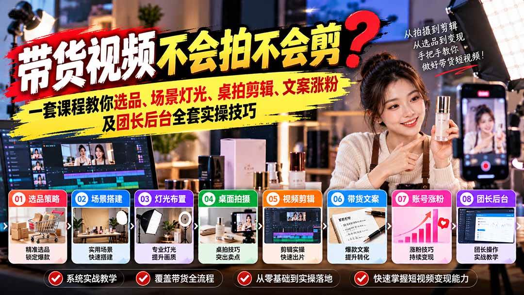 （20980期）带货视频不会拍不会剪？一套课程教你选品、场景灯光、桌拍剪辑、文案涨粉及团长后台全套实操技巧 复制标题-九九网创
