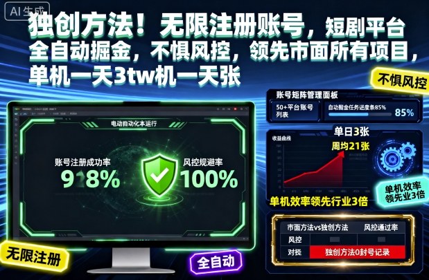 独创方法!无限注册账号,短剧平台全自动掘金,不惧风控,领先市面所有项目,单机一天3张【揭秘】-九九网创