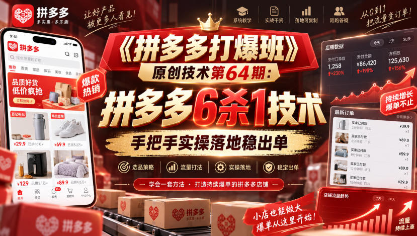 《拼多多打爆班》原创技术第64期:拼多多6杀1技术,手把手实操落地稳出单-九九网创