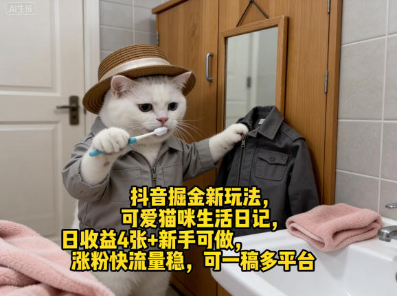 抖音掘金新玩法，可爱猫咪生活日记，日收益4张+新手可做，涨粉快流量稳，可一稿多平台-九九网创