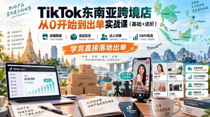 TikTok东南亚跨境店从0开始到出单实战课(基础+进阶)，店铺搭建、选品发货、达人对接、GMV投流，学完直接落地出单-九九网创