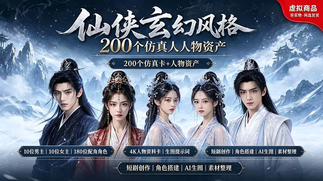 (19301期)200个仙侠玄幻仿真人素材◆10男主×10女主×180配角,4K资料卡+AI生图提示词,漫剧必备 (19301期)200个仙侠玄幻仿真人素材◆10男主×10女主×180配角,4K资料卡+AI生图提示词,漫剧必备