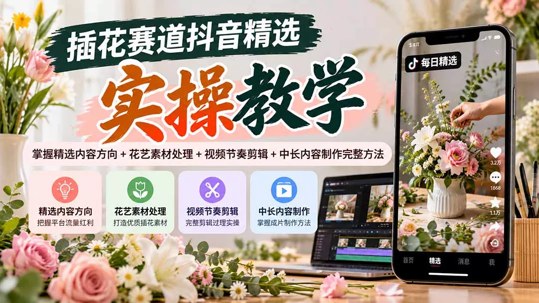 插花赛道抖音精选实操教学：掌握精选内容方向+花艺素材处理+视频节奏剪辑+中长内容制作完整方法