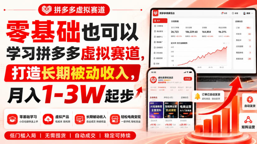 零基础也可以学习拼多多虚拟赛道，打造长期被动收入，月入1-3W起步-九九网创