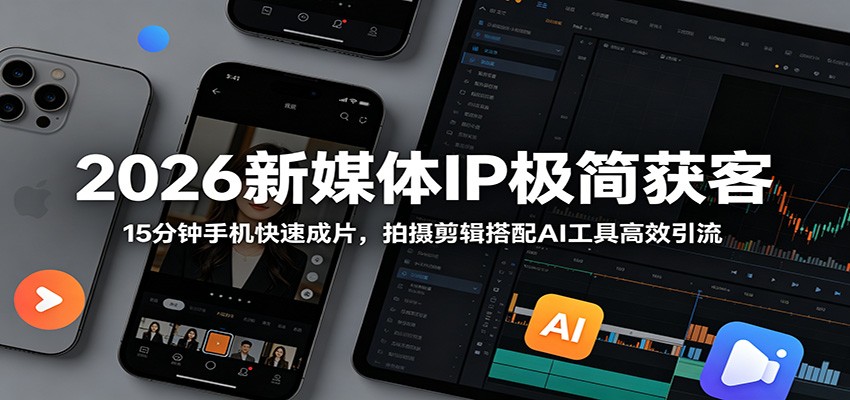 2026新媒体IP极简获客：15分钟手机快速成片，拍摄剪辑搭配AI工具高效引流-九九网创