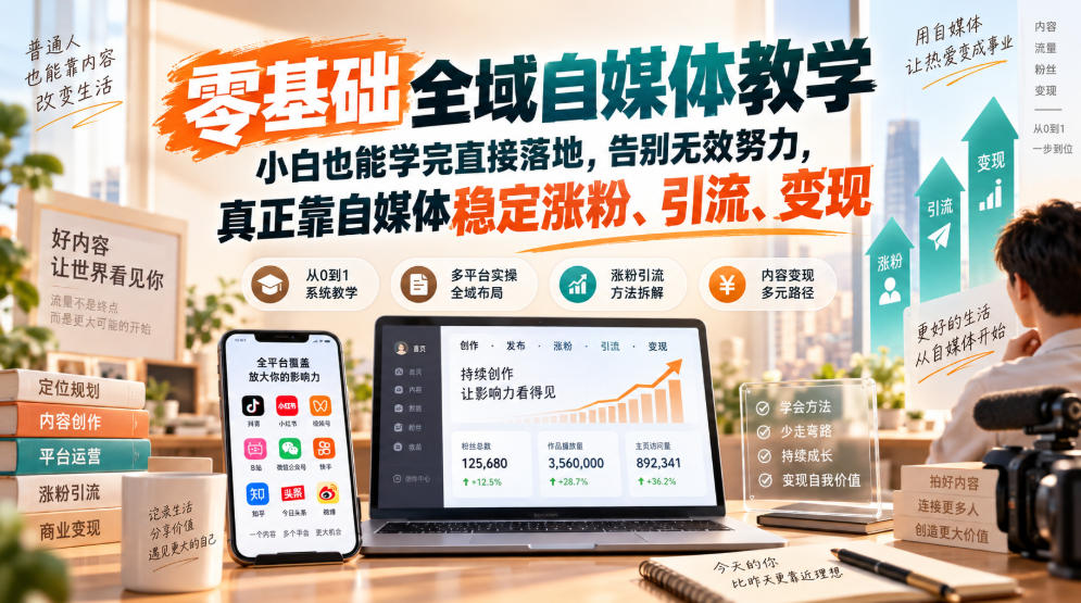 零基础全域自媒体教学，小白也能学完直接落地，告别无效努力，真正靠自媒体稳定涨粉、引流、变现-九九网创