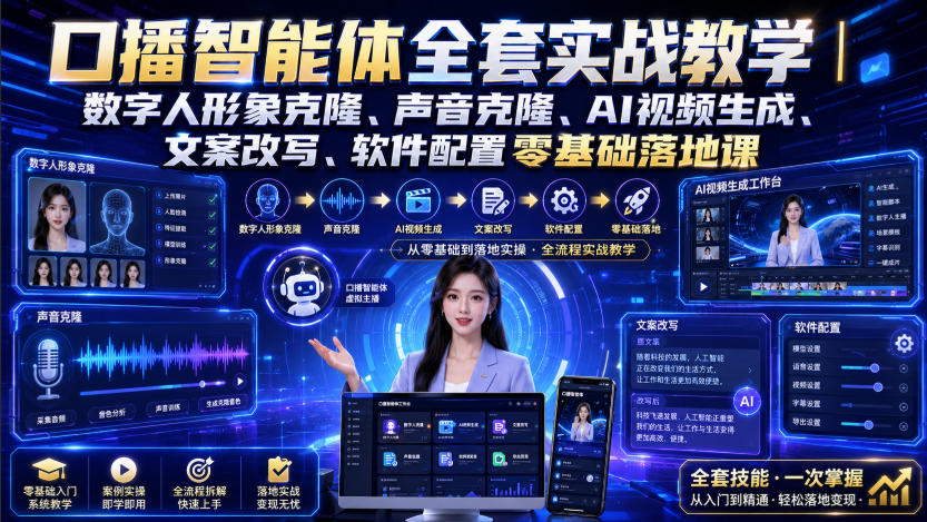口播智能体全套实战教学｜数字人形象克隆、声音克隆、AI视频生成、文案改写、软件配置零基础落地课-九九网创