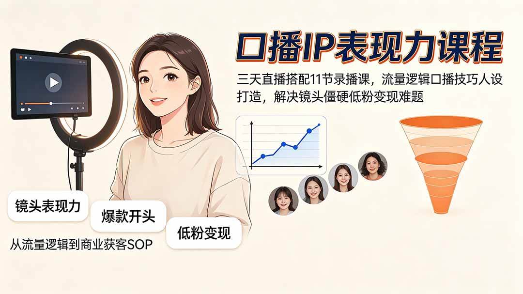 （19604期）口播IP表现力课程｜三天直播搭配11节录播课，流量逻辑口播技巧人设打造，解决镜头僵硬低粉变现难题-九九网创