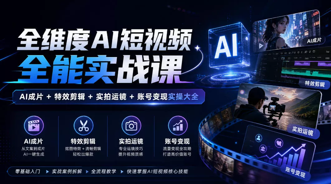 全维度AI短视频全能实战课，AI成片+特效剪辑+实拍运镜+账号变现实操大全-九九网创
