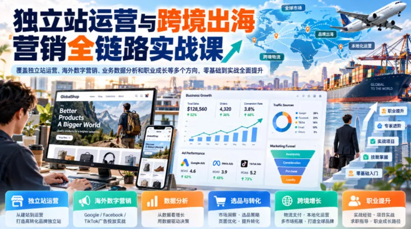 独立站运营与跨境出海营销全链路实战课，覆盖独立站运营、海外数字营销、业务数据分析和职业成长等多个方向，零基础到实战全面提升-九九网创