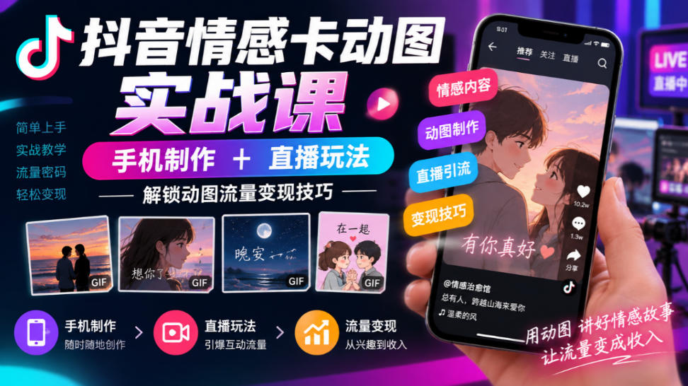 抖音情感卡动图实战课｜手机制作+直播玩法，解锁动图流量变现技巧-九九网创