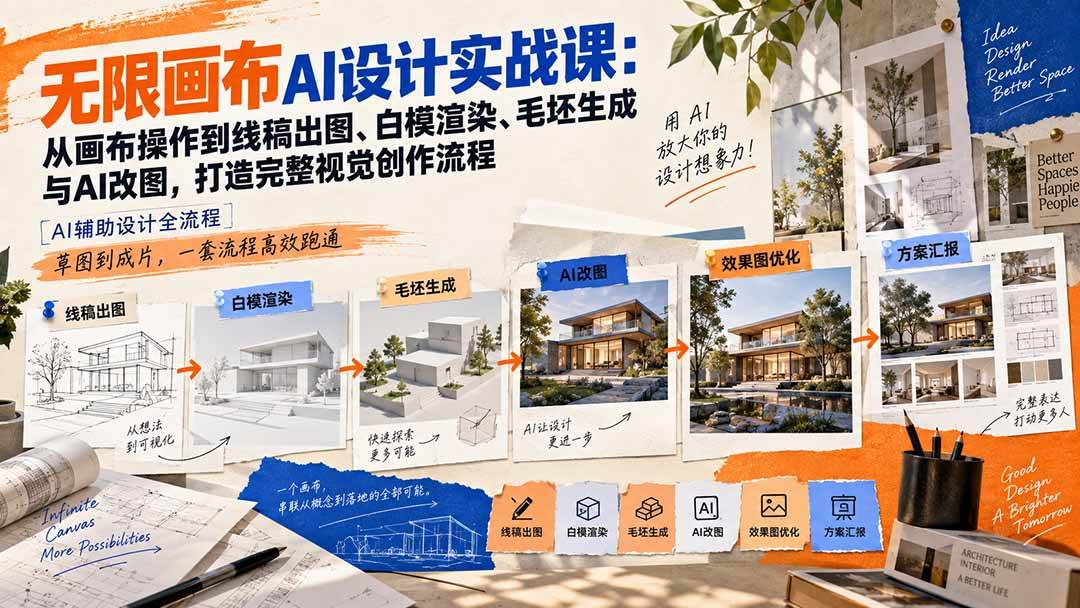 （20612期）【无水印】无限画布AI设计实战课-更新：从画布操作到线稿出图、白模渲染、毛坯生成与AI改图，打造完整视觉创作流程-九九网创
