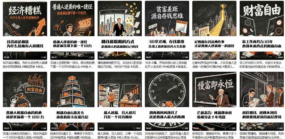 （19515期）AI书单财富书籍图文解读：手绘黑白风格×一键直出×几十条视频跑1000单×全流程拆解×新手可上手-九九网创