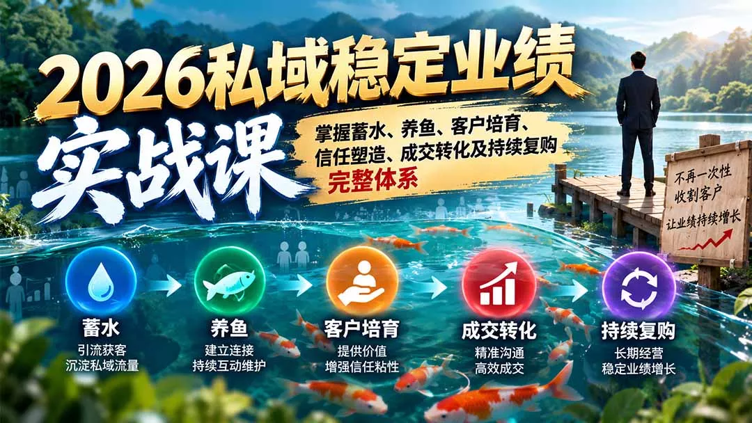 2026私域稳定业绩实战课:掌握蓄水、养鱼、客户培育、信任塑造、成交转化及持续复购完整体系-九九网创