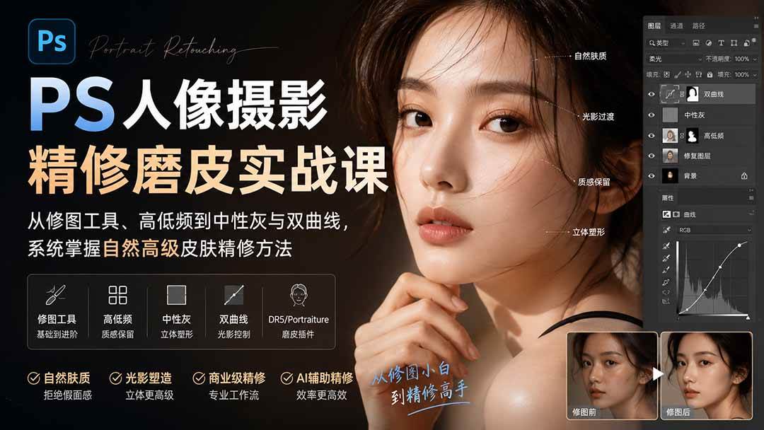（20061期）PS人像摄影精修磨皮实战课：从修图工具、高低频到中性灰与双曲线，系统掌握自然高级皮肤精修方法-九九网创