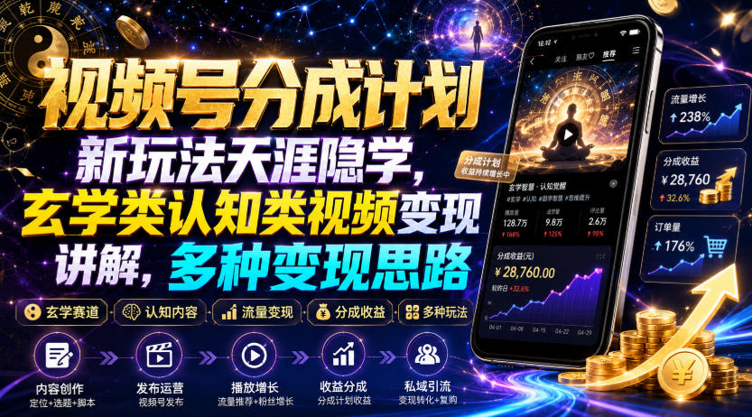 视频号分成计划新玩法天涯隐学，玄学类认知类视频变现讲解，多种变现思路-九九网创
