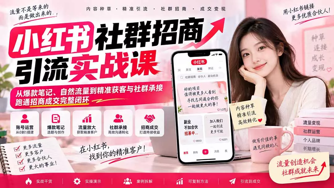 小红书社群招商引流实战课-无水印：从爆款笔记、自然流量到精准获客与社群承接，跑通招商成交完整闭环-九九网创