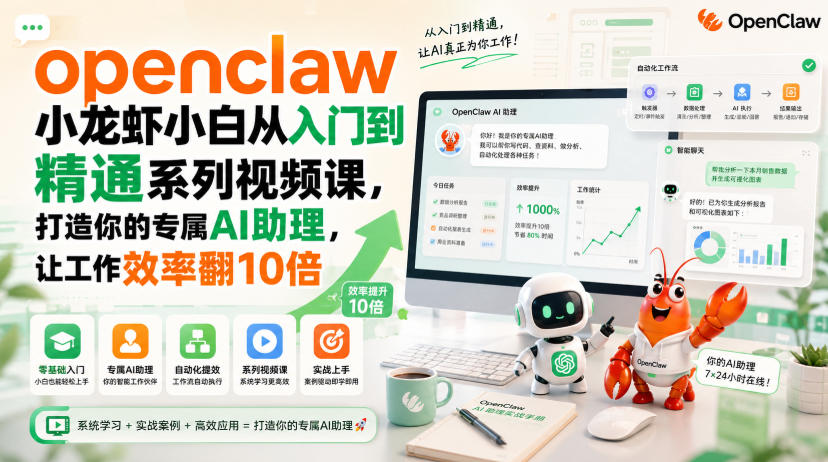 openclaw小龙虾小白从入门到精通系列视频课，打造你的专属AI助理，让工作效率翻10倍-九九网创