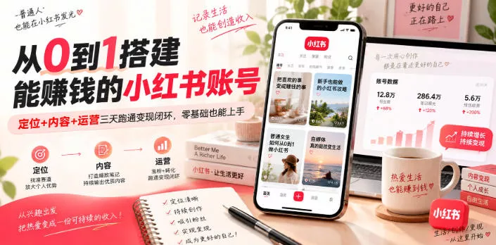 从0到1搭建能賺钱的小红书账号，定位+内容+运营三天跑通变现闭环-九九网创