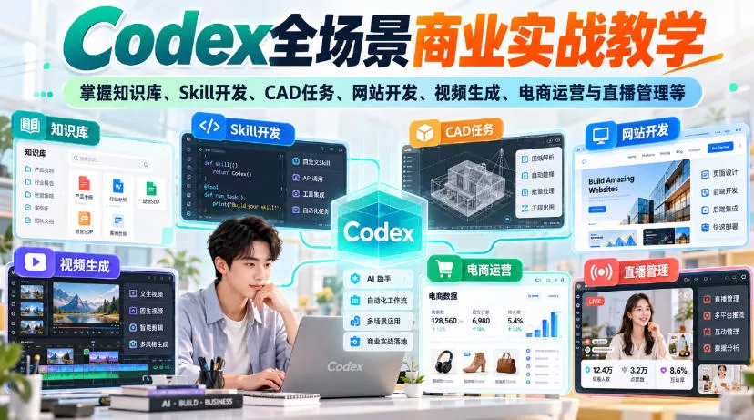 【无水印】Codex全场景商业实战教学，掌握知识库、Skill开发、CAD任务、网站开发、视频生成、电商运营与直播管理等-九九网创