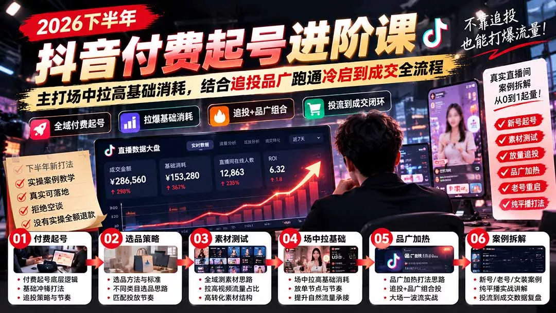 2026下半年抖音付费起号进阶课：主打场中拉高基础消耗，结合追投品广跑通冷启到成交全流程-九九网创