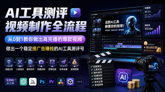 AI工具测评视频制作全流程，从0到1教你做出高完播的爆款视频，做出一个稳定接广告賺钱的AI工具测评号-九九网创