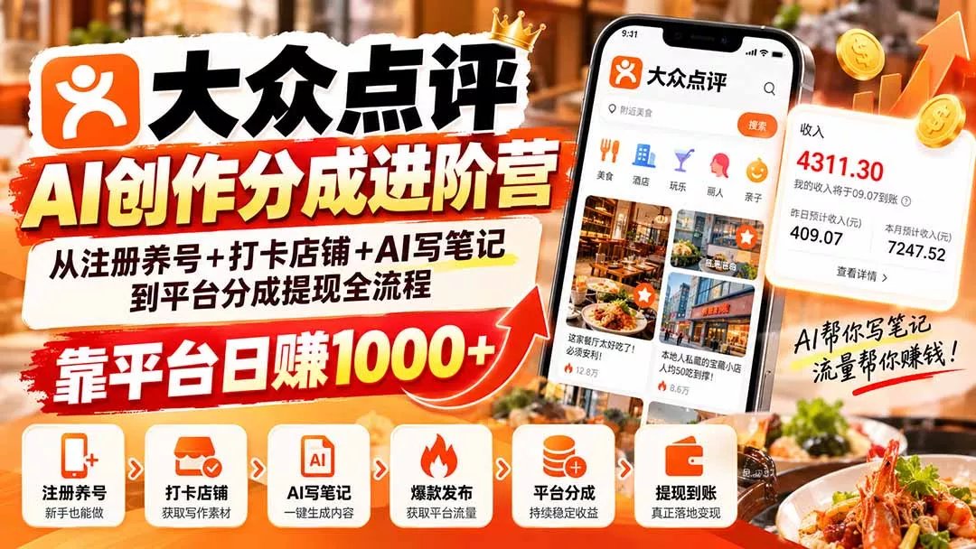 大众点评AI创作分成进阶营：从注册养号+打卡店铺+AI写笔记到平台分成提现全流程，靠平台日赚1000+-九九网创