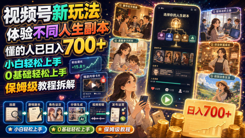 视频号新玩法体验不同人生副本，懂的人已日入700+，小白轻松上手，0基础轻松上手，保姆级教程拆解-九九网创