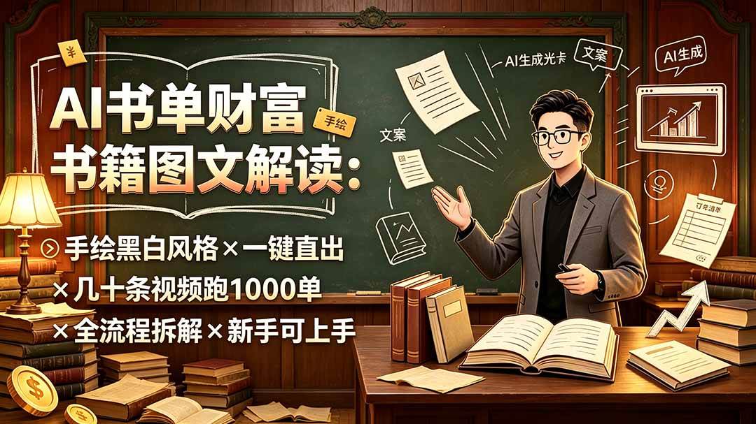 （19515期）AI书单财富书籍图文解读：手绘黑白风格×一键直出×几十条视频跑1000单×全流程拆解×新手可上手