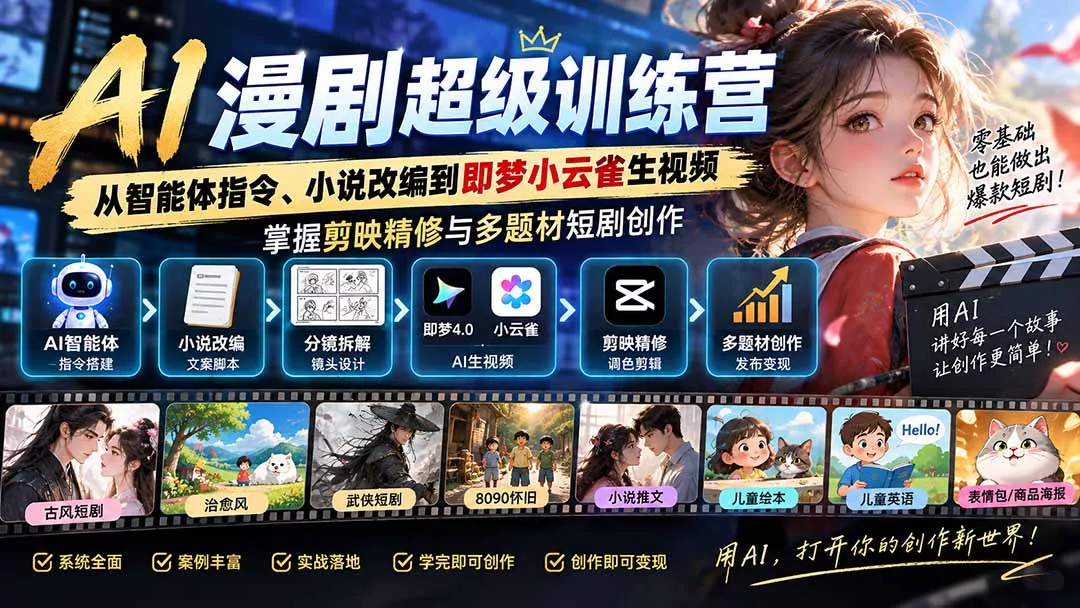 AI漫剧超级特训营：从智能体指令、小说改编到即梦小云雀生视频，掌握剪映精修与多题材短剧创作-九九网创
