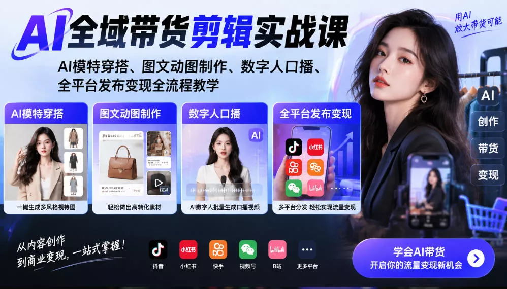 AI全域带货剪辑实战课｜AI模特穿搭、图文动图制作、数字人口播、全平台发布变现全流程教学-九九网创