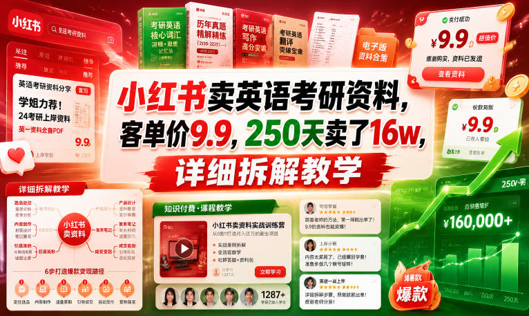 小红书卖英语考研资料，客单价9.9，250天卖了16w，详细拆解教学-九九网创